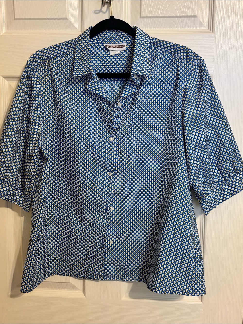 VTG 1970’s Jack Winter Geo Harlequin Disco Blouse Blue Yellow Diamond Shirt 16